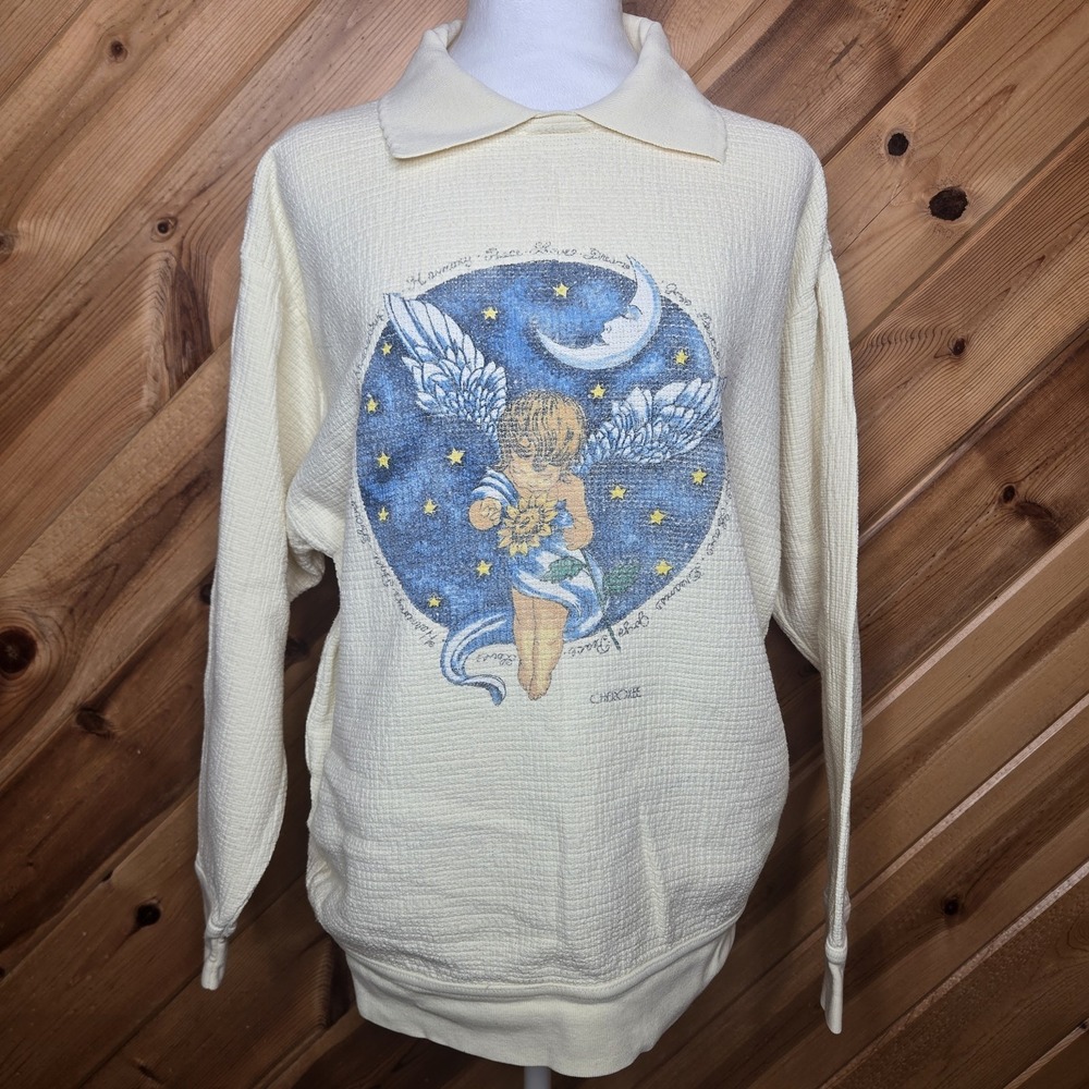 Vintage Cherokee Womens‎ Ivory Sweatshirt Collared Medium Cherub Angel Textured